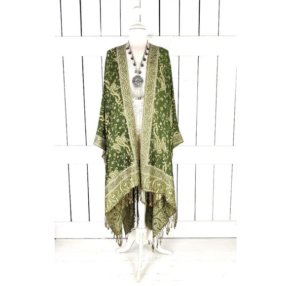Green paisley floral fringe tassel pashmina kimono cardigan cover up jacket - Picture 1 of 5